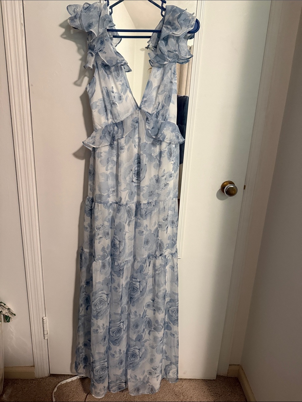 Aqua Floral Ruffle Maxi Dress in Light Blue and White